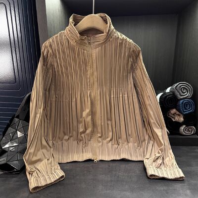 Early Autumn New Style Long Pleated Jacket Women High-End Simple Harajuku Style Stand-Up Collar Zipper Cardigan Versatile Top