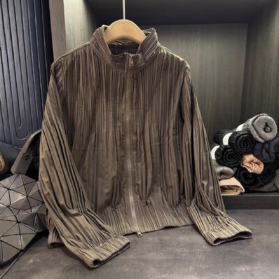 Early Autumn New Style Long Pleated Jacket Women High-End Simple Harajuku Style Stand-Up Collar Zipper Cardigan Versatile Top