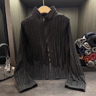 Early Autumn New Style Long Pleated Jacket Women High-End Simple Harajuku Style Stand-Up Collar Zipper Cardigan Versatile Top