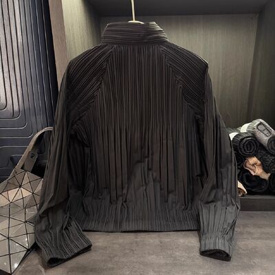 Early Autumn New Style Long Pleated Jacket Women High-End Simple Harajuku Style Stand-Up Collar Zipper Cardigan Versatile Top