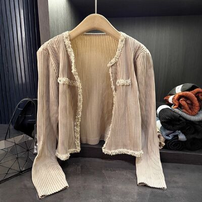 Korean Style Autumn Casual Small Fragrance Pleated Short Coat Elegant Pure Color Slimming Versatile Long Sleeve Rabbit Cardigan