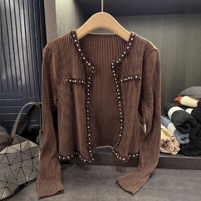 Korean Style Autumn Casual Small Fragrance Pleated Short Coat Elegant Pure Color Slimming Versatile Long Sleeve Rabbit Cardigan