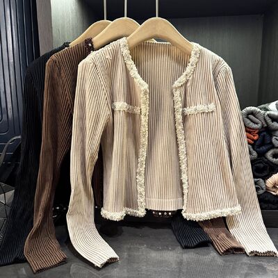 Korean Style Autumn Casual Small Fragrance Pleated Short Coat Elegant Pure Color Slimming Versatile Long Sleeve Rabbit Cardigan