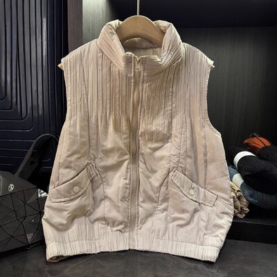 High-end Elegant Simple Solid Color Pocket Casual Eco-Friendly Cotton Vest Jacket Autumn Winter New Pleated Loose Versatile Top