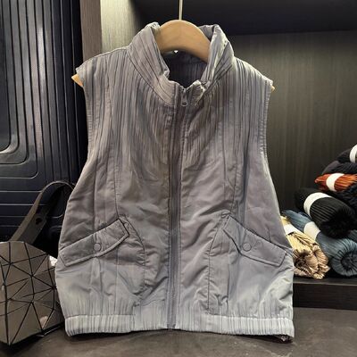 High-end Elegant Simple Solid Color Pocket Casual Eco-Friendly Cotton Vest Jacket Autumn Winter New Pleated Loose Versatile Top