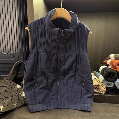 High-end Elegant Simple Solid Color Pocket Casual Eco-Friendly Cotton Vest Jacket Autumn Winter New Pleated Loose Versatile Top