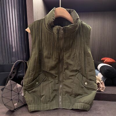 High-end Elegant Simple Solid Color Pocket Casual Eco-Friendly Cotton Vest Jacket Autumn Winter New Pleated Loose Versatile Top