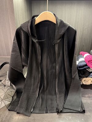 Autumn Style High-End Women's Cardigan Jacket Zipper Closure Hood Versatile Casual Pleated Slimming Top Solid Polyester Worsted