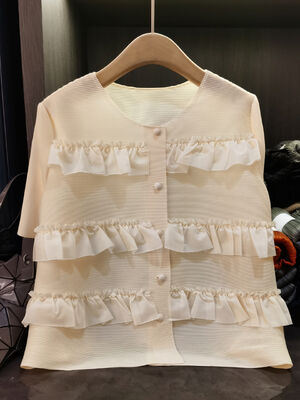 High-End Korean Style Women's Summer Cardigan Sweet Ruffled Neck Short-Sleeved Jacket Casual Slimming Single-Breasted Coat