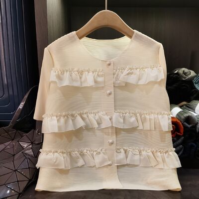 High-End Korean Style Women's Summer Cardigan Sweet Ruffled Neck Short-Sleeved Jacket Casual Slimming Single-Breasted Coat