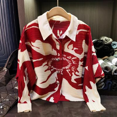 Autumn New Vintage Design Cardigan for Women Single-Breasted Ruched Lapel Batwing Sleeve Plus Size Woven Casual Long Top Front
