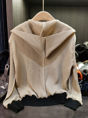 Autumn Casual High-End Women's Two-Piece Spliced Hooded Zipper Jacket Long-Sleeve Ruched Top Snake Skin Leather Polyester Lining