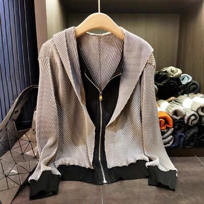 Autumn Casual High-End Women's Two-Piece Spliced Hooded Zipper Jacket Long-Sleeve Ruched Top Snake Skin Leather Polyester Lining