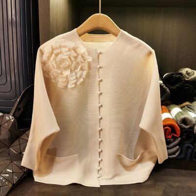 Elegant Solid Color Three-Dimensional Floral Single-Breasted Multi-Button Short Jacket High Quality Women's Casual Slim-Fit Top