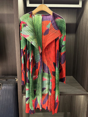 Autumn New Style High-End Windbreaker Elegant Casual Mid-Length Coat Contrasting Color Printed Pleated Suit Collar Long