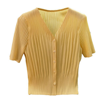 Women's Elegant V-Neck Pleated Cardigan Age-Reducing Top Single-Breasted Short Sleeves for Spring Summer Thin Blouses Shirts