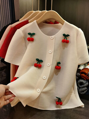 Women's Elegant Loose Slimming Single-Breasted Jacket for Spring Summer New Small Cherry Three-Dimensional Decorative Top Office