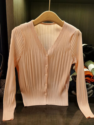 Korean Style Women's V-Neck Cardigan High-End Solid Color Breathable Casual Spring Summer New Short Long Sleeve Coat All-Match