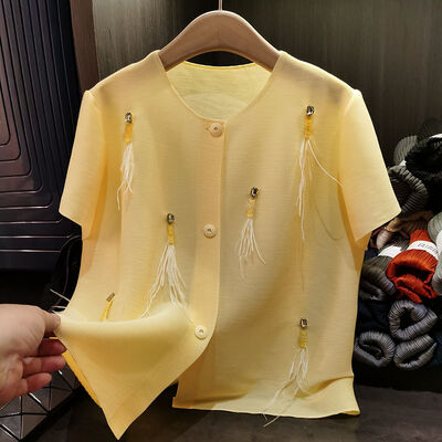 Vintage Style Single-Breasted Cardigan New Summer Feather Jacket Nail Bead Detail Loose Fit Simple Solid Color Casual