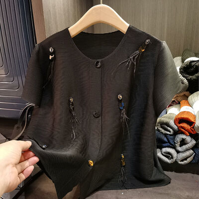 Vintage Style Single-Breasted Cardigan New Summer Feather Jacket Nail Bead Detail Loose Fit Simple Solid Color Casual