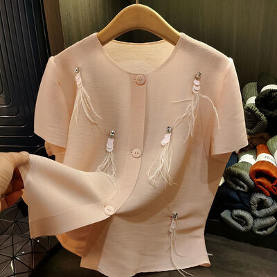 Vintage Style Single-Breasted Cardigan New Summer Feather Jacket Nail Bead Detail Loose Fit Simple Solid Color Casual
