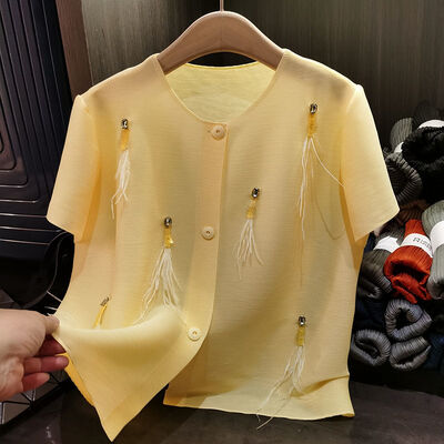 Vintage Style Single-Breasted Cardigan New Summer Feather Jacket Nail Bead Detail Loose Fit Simple Solid Color Casual