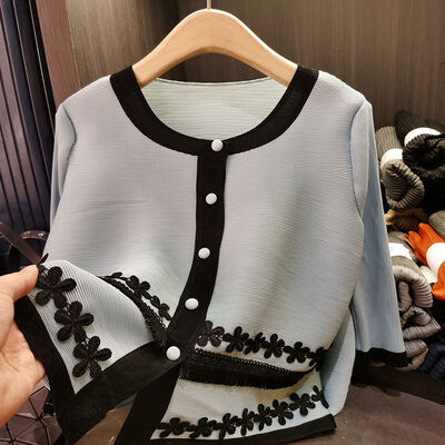 New Age-Reducing Chinese Foreign Style Women's Slimming Outwear Pleated Single-Breasted Short Top Color-Blocked Women's Sets