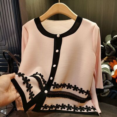 New Age-Reducing Chinese Foreign Style Women's Slimming Outwear Pleated Single-Breasted Short Top Color-Blocked Women's Sets