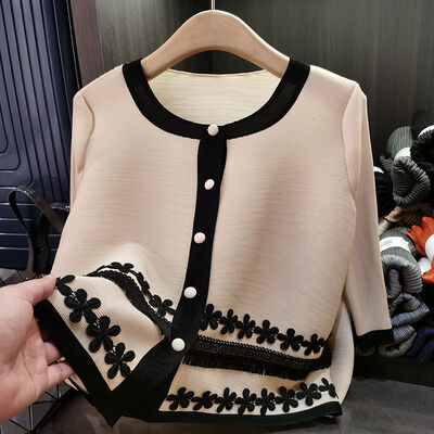 New Age-Reducing Chinese Foreign Style Women's Slimming Outwear Pleated Single-Breasted Short Top Color-Blocked Women's Sets