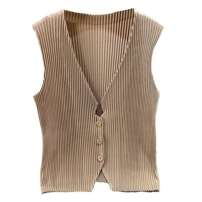 Women's Casual Waistoutwear Short Jacket Spring Summer New Thick Toothpick Pleated Sleeveless Vest with Button Pure Color