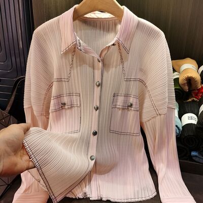 Women's Elegant Slimming Single-Breasted Age-Reducing Shirt Solid Color Pleated Button New Pocket Knitted Polyester