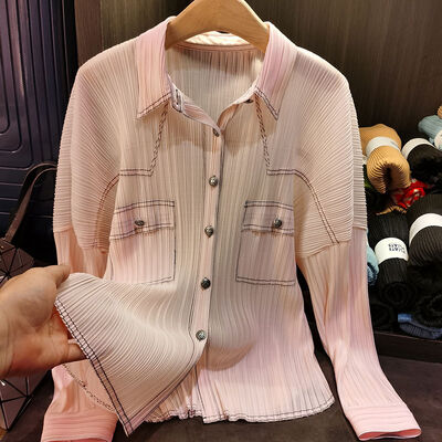 Women's Elegant Slimming Single-Breasted Age-Reducing Shirt Solid Color Pleated Button New Pocket Knitted Polyester