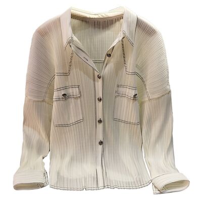 Women's Elegant Slimming Single-Breasted Age-Reducing Shirt Solid Color Pleated Button New Pocket Knitted Polyester