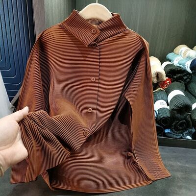 Miyake Japanese Style Women's Long Sleeve Coat Half Turtleneck Solid Color New Casual Loose Slimming Plus Size Thin Autumn
