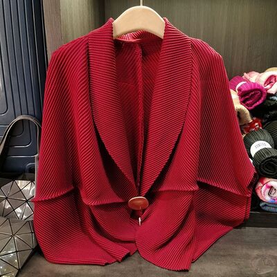 High-End Women's Elegant Cardigan Top Dragon Scale Pleated Loose Slim Lapel Casual Long Length Pure Chiffon Polyester Nonwoven
