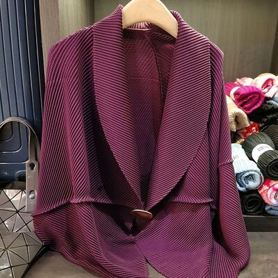 High-End Women's Elegant Cardigan Top Dragon Scale Pleated Loose Slim Lapel Casual Long Length Pure Chiffon Polyester Nonwoven