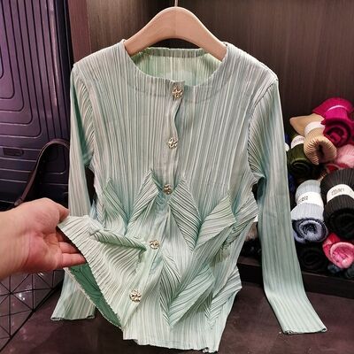 Niche Design High-End Casual Long Cardigan Jacket with Flower Bud Top Single-Breasted Pure Color Neck Long-Sleeved for Spring