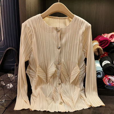 Niche Design High-End Casual Long Cardigan Jacket with Flower Bud Top Single-Breasted Pure Color Neck Long-Sleeved for Spring