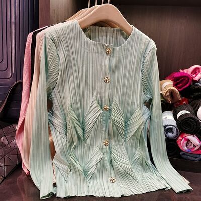 Niche Design High-End Casual Long Cardigan Jacket with Flower Bud Top Single-Breasted Pure Color Neck Long-Sleeved for Spring