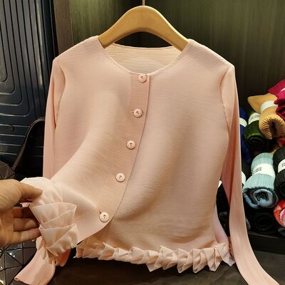 High-End Women's Casual Cardigan Long-Sleeved Spring New Jacket Loose Neck Fungus Hem Design Single Breasted Polyester Lining