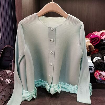 High-End Women's Casual Cardigan Long-Sleeved Spring New Jacket Loose Neck Fungus Hem Design Single Breasted Polyester Lining