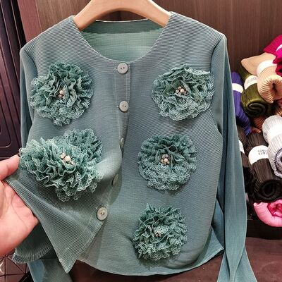 Early Spring  Elegant Versatile Age-Reducing Top New Pleated Loose Beaded Flower Cardigan Coat Long Length Casual