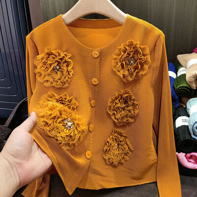 Early Spring  Elegant Versatile Age-Reducing Top New Pleated Loose Beaded Flower Cardigan Coat Long Length Casual