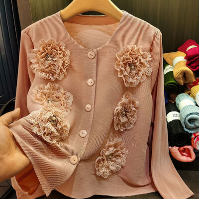 Early Spring  Elegant Versatile Age-Reducing Top New Pleated Loose Beaded Flower Cardigan Coat Long Length Casual