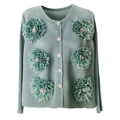 Early Spring  Elegant Versatile Age-Reducing Top New Pleated Loose Beaded Flower Cardigan Coat Long Length Casual