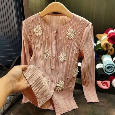 High-End Women's Cardigan Jacket Elegant Long Spring New Design Neck Stereo Flower Pleated Casual Outerwear Polyester