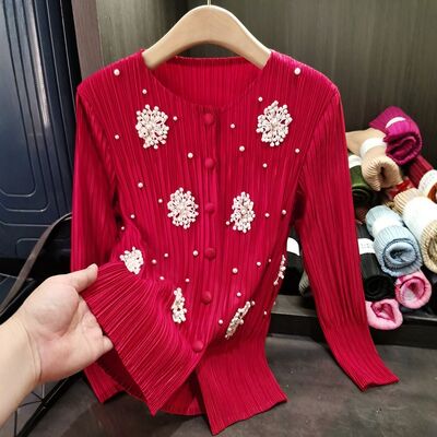 High-End Women's Cardigan Jacket Elegant Long Spring New Design Neck Stereo Flower Pleated Casual Outerwear Polyester