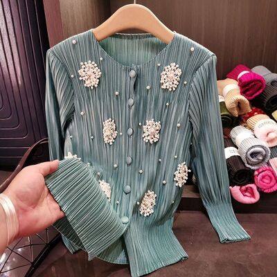 High-End Women's Cardigan Jacket Elegant Long Spring New Design Neck Stereo Flower Pleated Casual Outerwear Polyester