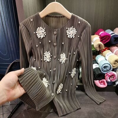 High-End Women's Cardigan Jacket Elegant Long Spring New Design Neck Stereo Flower Pleated Casual Outerwear Polyester