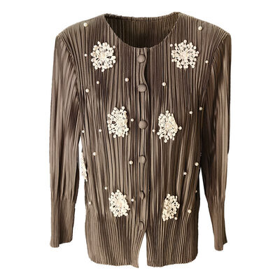 High-End Women's Cardigan Jacket Elegant Long Spring New Design Neck Stereo Flower Pleated Casual Outerwear Polyester